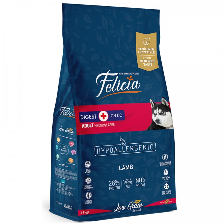 Felicia Az Tahıllı Yetişkin Kuzulu M/Large Breed HypoAllergenic Köpek Maması 15 kg